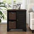 Multifunctional End Table Side Table with a Shutter Style Door and 2 Woven Grass Baskets, Sofa Side Narrow Table, Wood Bedside Nightstand for Living Room Bedroom (Black-4.7)