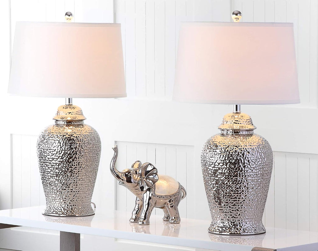 SAFAVIEH Lighting Collection Metallica Silver Ginger Jar 28-inch Bedroom Living Room Home Office Desk Nightstand Table Lamp Set of 2 (LED Bulbs Included)