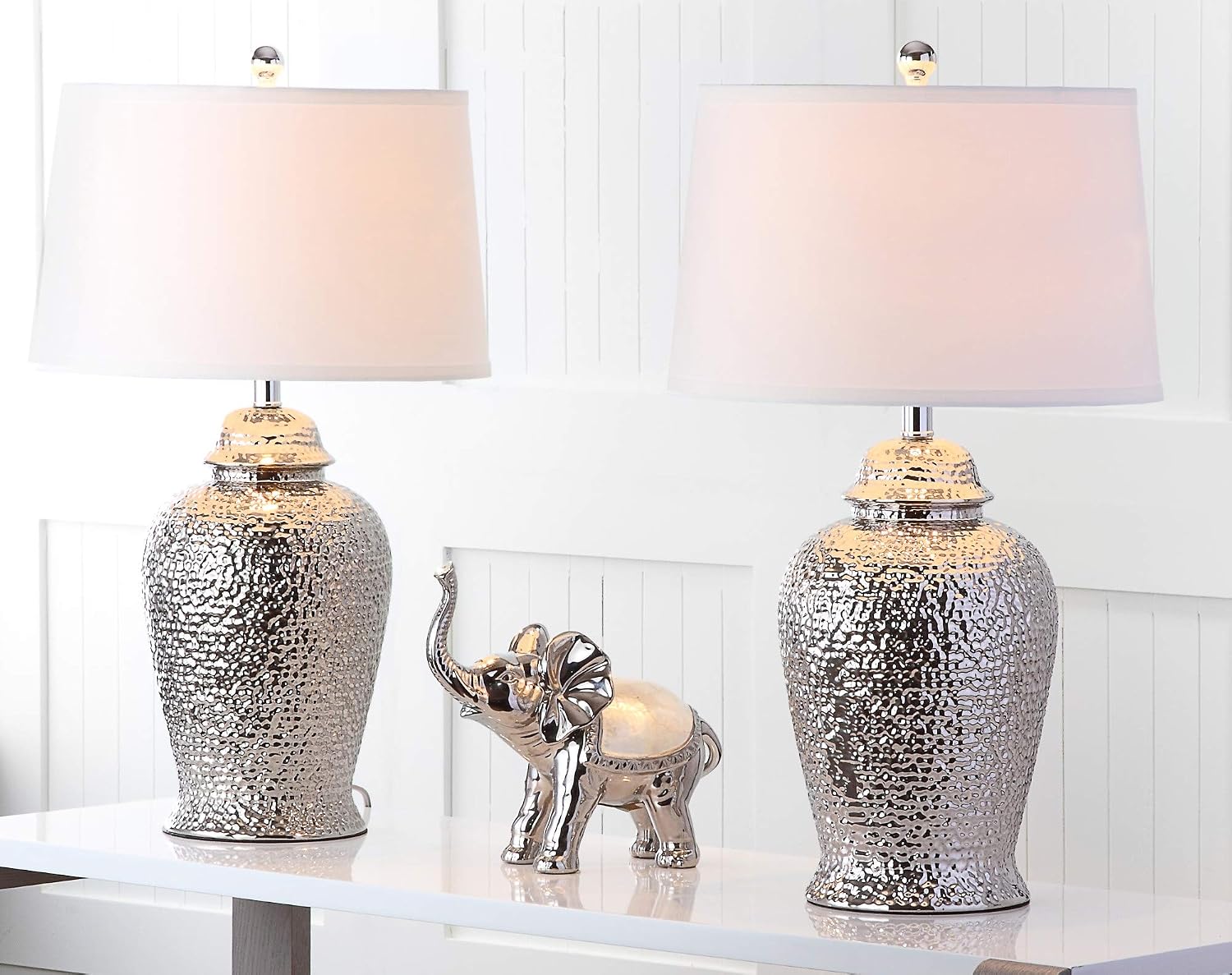 SAFAVIEH Lighting Collection Metallica Silver Ginger Jar 28-inch Bedroom Living Room Home Office Desk Nightstand Table Lamp Set of 2 (LED Bulbs Included)