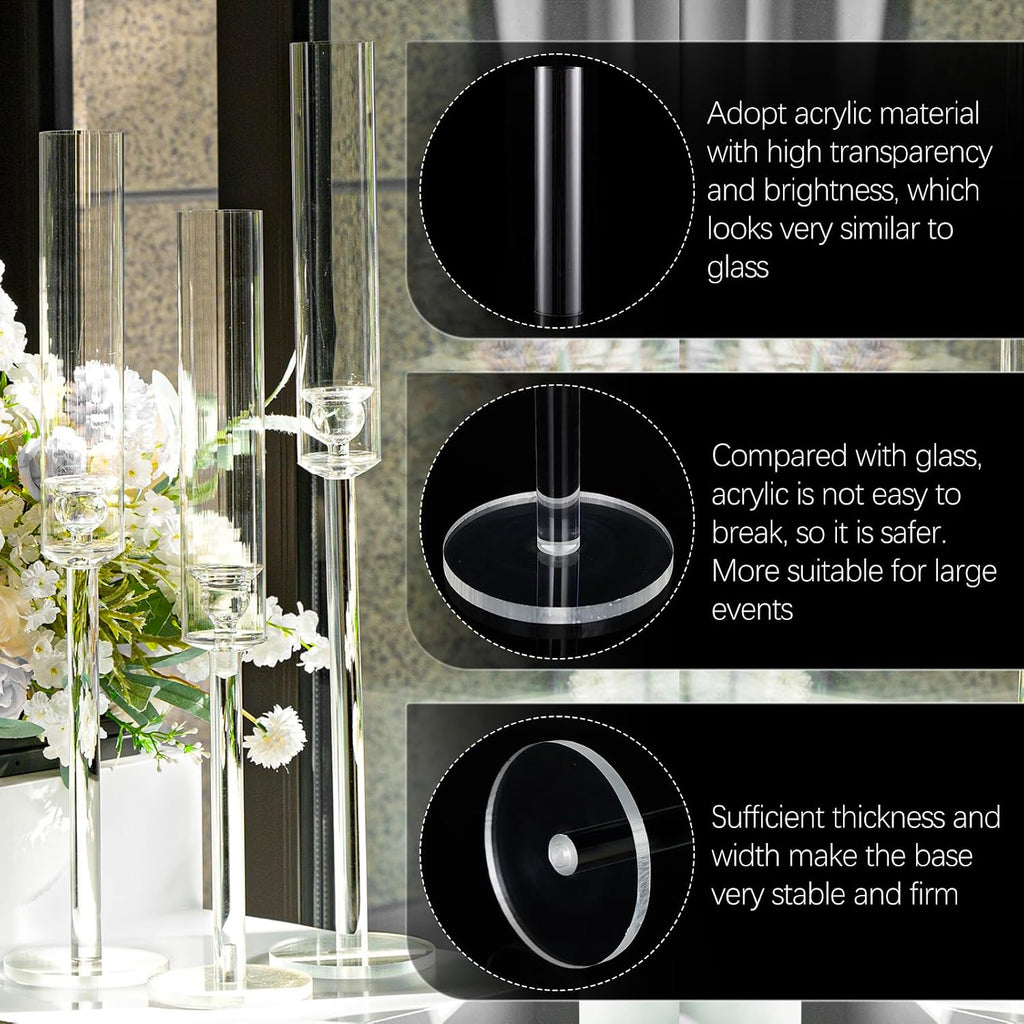 Vincidern 24pcs Taper Candle Holder Acrylic Candlestick Holder Clear Set for Table Centerpiece, Long Candle Stick Candle Stand Cylinder Shade for Wedding Party Dining Room Decor
