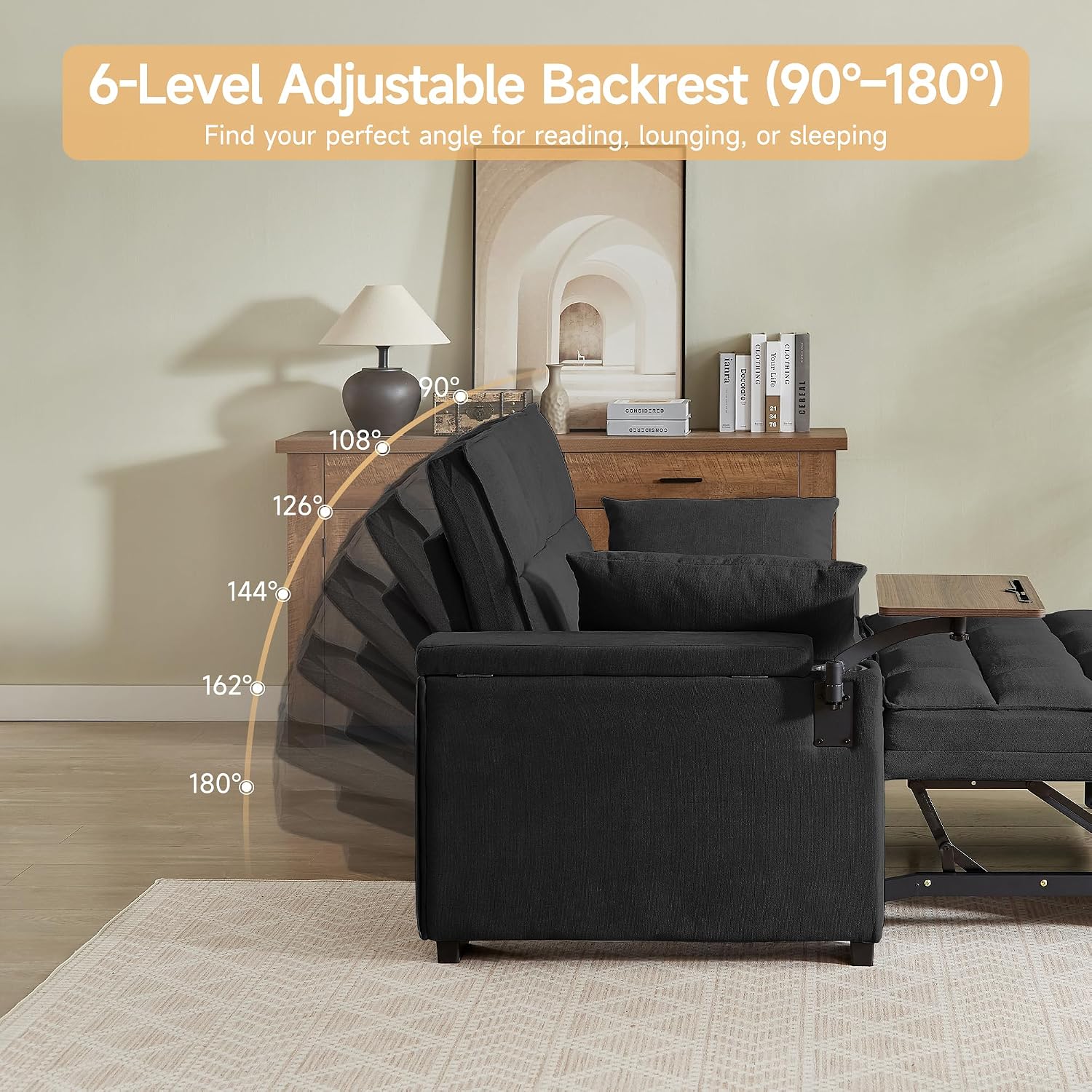 Auvsoce 65'' Chaise Lounge Chair Indoor, 3-in-1 Convertible Sofa Bed with Pull Out Design, 360° Swivel Side Table, Modern Chenille Couch Bed for Living Room
