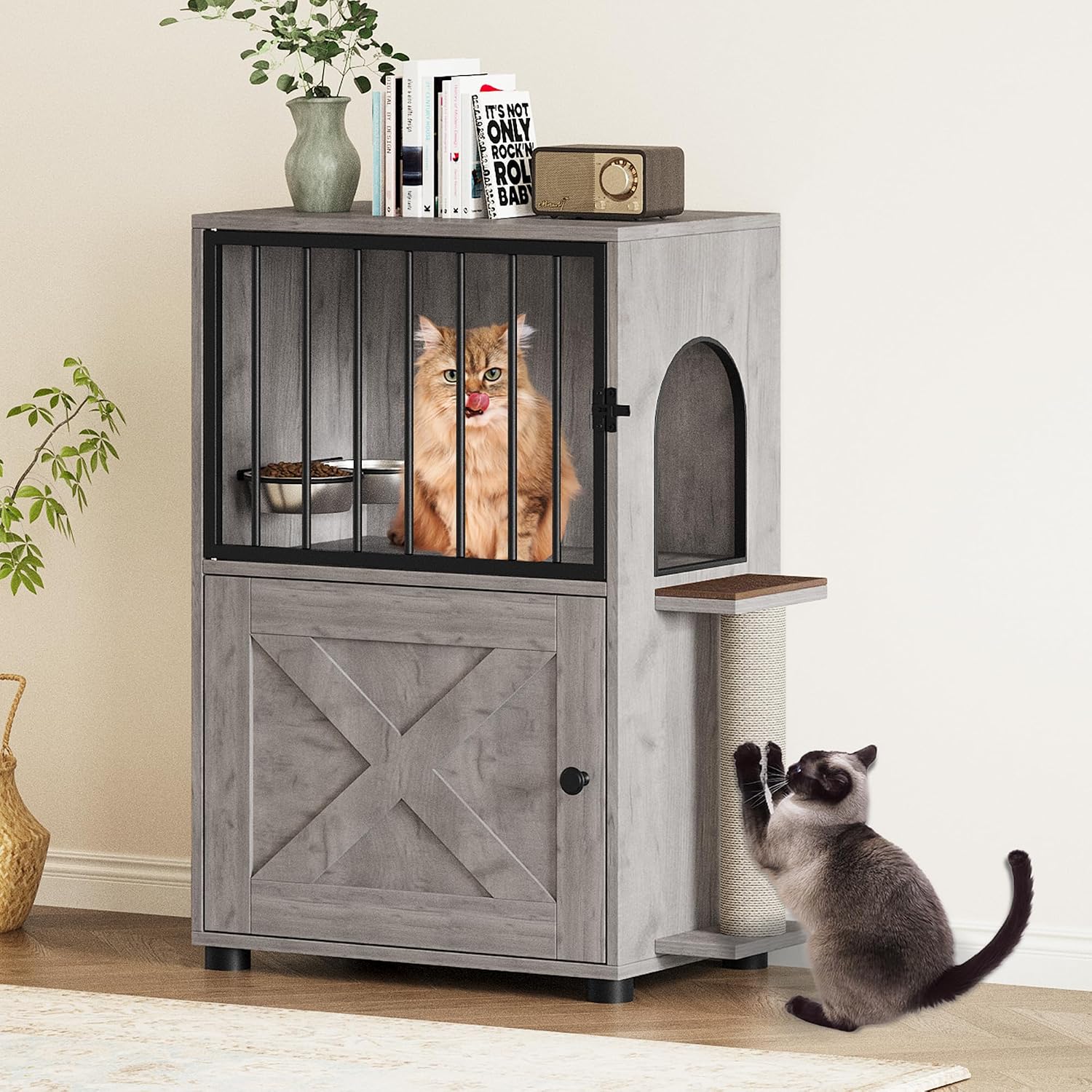 Cat Feeding Station, Dog Proof Cat Feeding Station with Scratching Post, Elevated Food Bowls with Stand, Cats Tree with Food Storage for Small Spaces, Pet House Furniture (Gray)