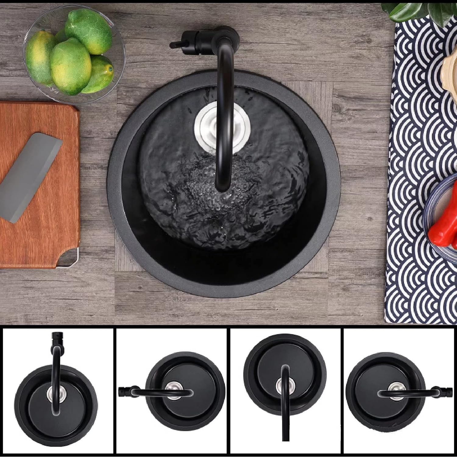 Bar Prep Sink with Accessories, Black Quartz Kitchen Sink Drop in, Small Bar Sink Drop in with Faucet, Dent-Resistant Bar Sink Round Undermount Round Sink Bowls for Bar, Bathroom, Balcony