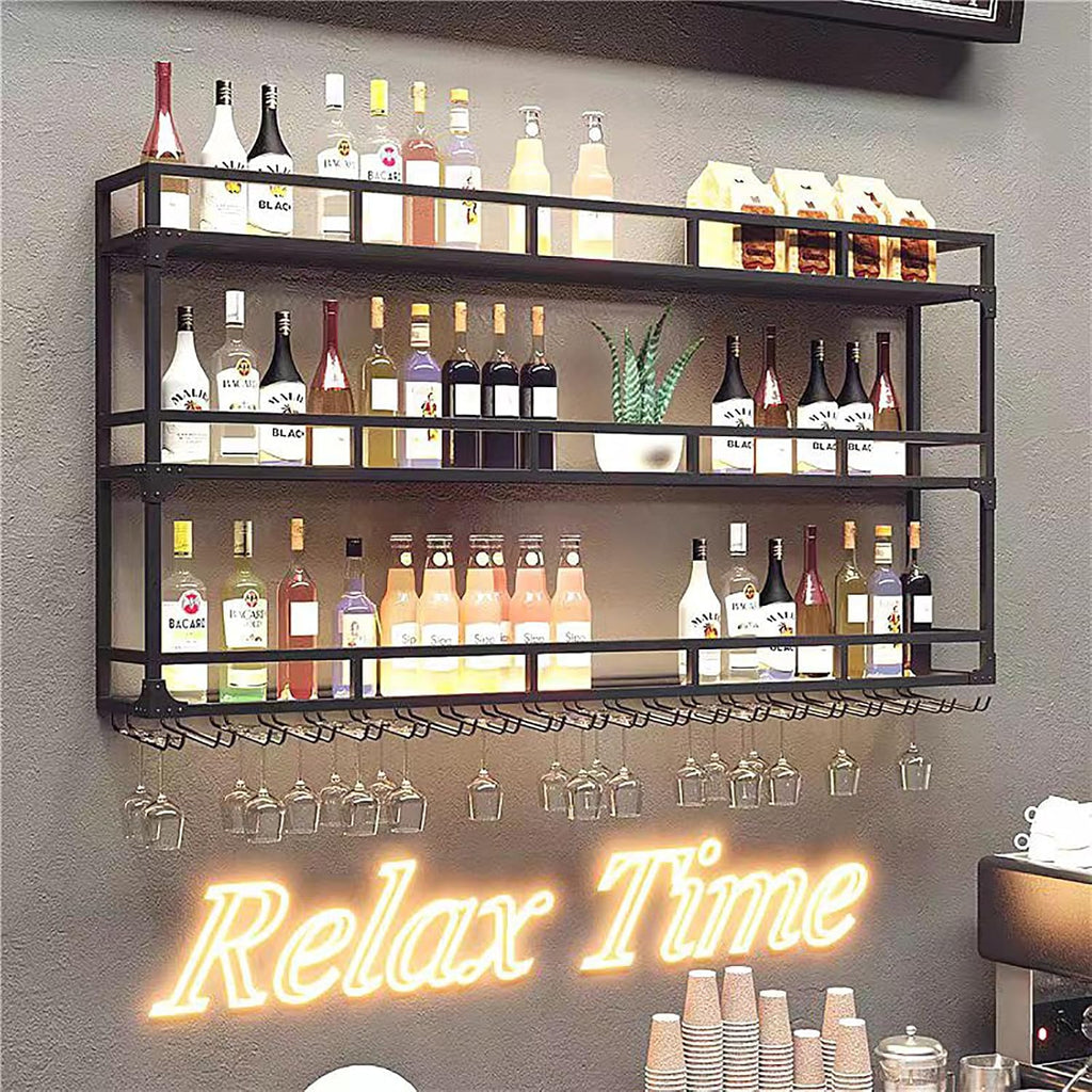 Wall Mounted Wine Rack with LED Light, Metal Bar Bottle Display Shelf Wine Cups Hanging Holder, Floating Industrial Liquor Glass Holder, for Home Bar Cafe Dining Room (Black 59')