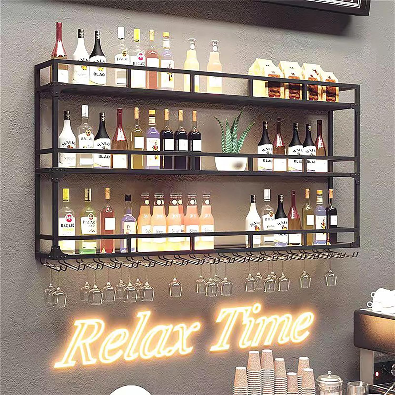 Wall Mounted Wine Rack with LED Light, Metal Bar Bottle Display Shelf Wine Cups Hanging Holder, Floating Industrial Liquor Glass Holder, for Home Bar Cafe Dining Room (Black 59')