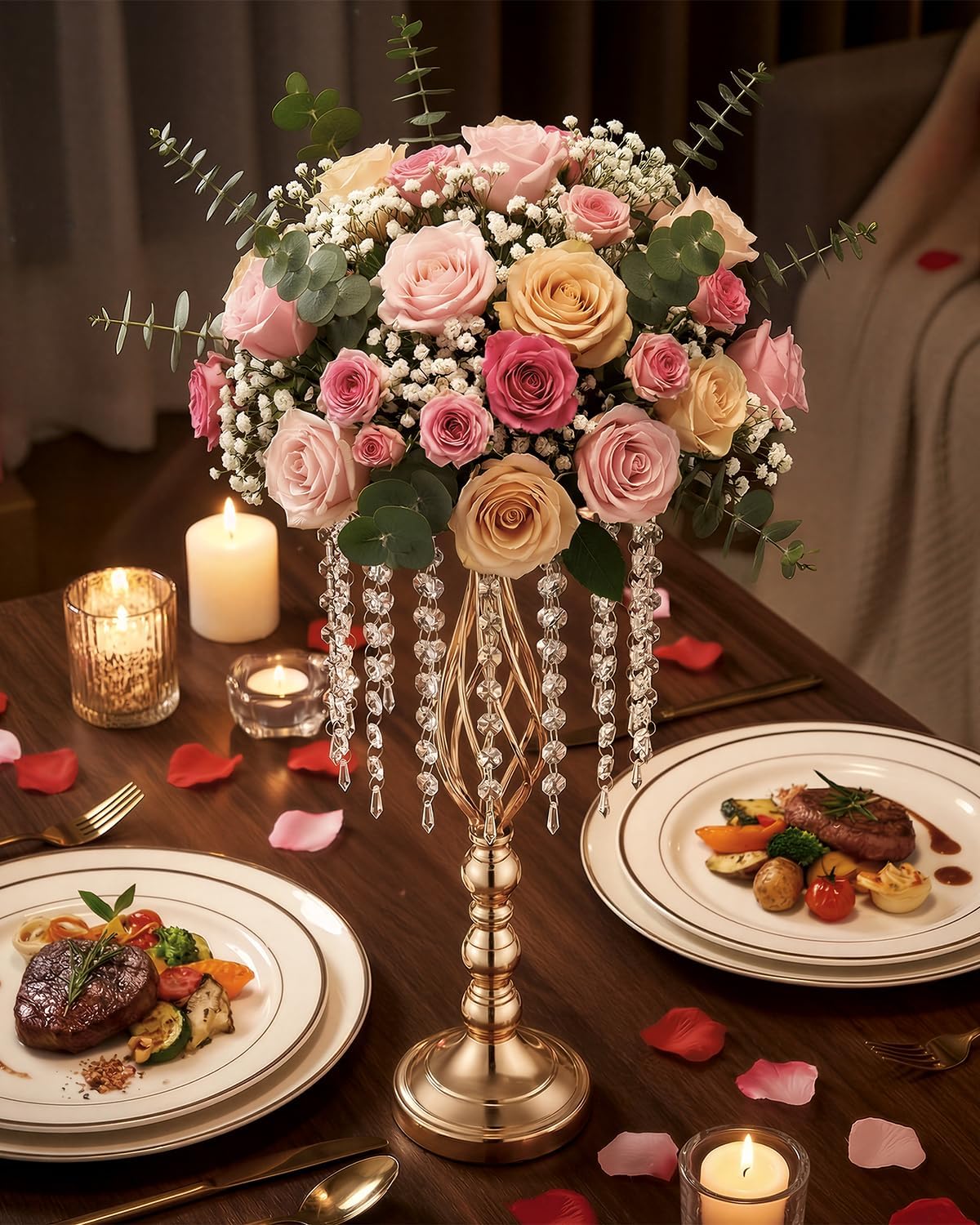 10 Pcs 21.5' Tall Gold Centerpieces for Table, Open Lattice Midsection Trumpet Base Vase Stands with Hanging Crystals, Metal Flower Holders for Wedding Receptions,Parties & Event Decor