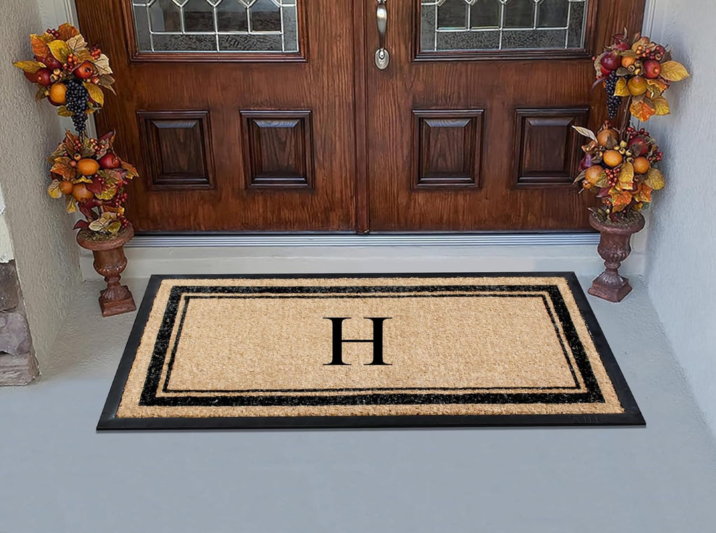 A1 Home Collections Natural Coir & Rubber Hand-Flocked Monogrammed Doormat - Heavy Duty Anti-Shedding Front Door Mat, Thick & Durable Entrance Mat - H, 30' x 60'