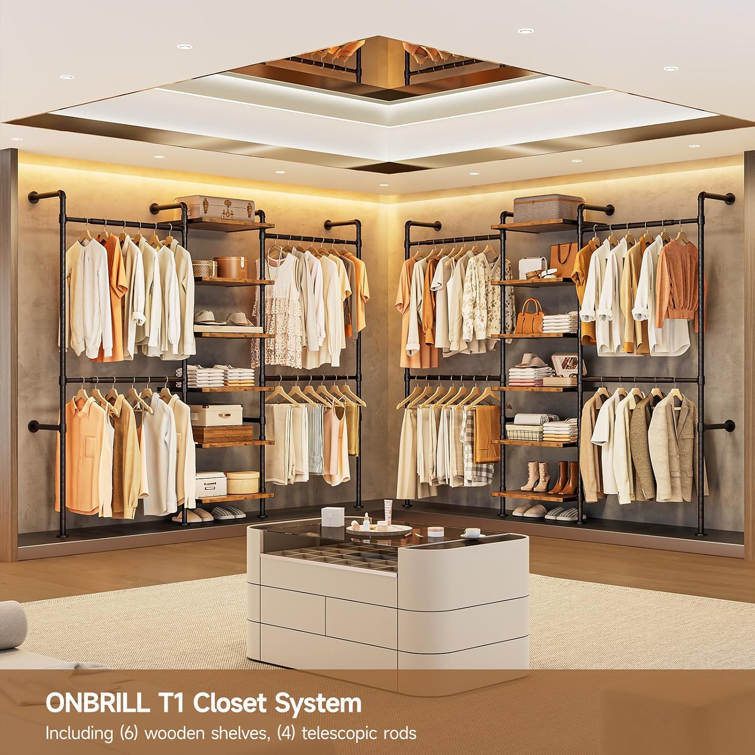 T1 Wall Mounted Closet System, Industrial Pipe Clothing Rack with 6 Wooden Shelves & 4 Telescopic Rods, Heavy Duty Closet Organizers and Storage in Wardrobe Closet (Rustic Brown)