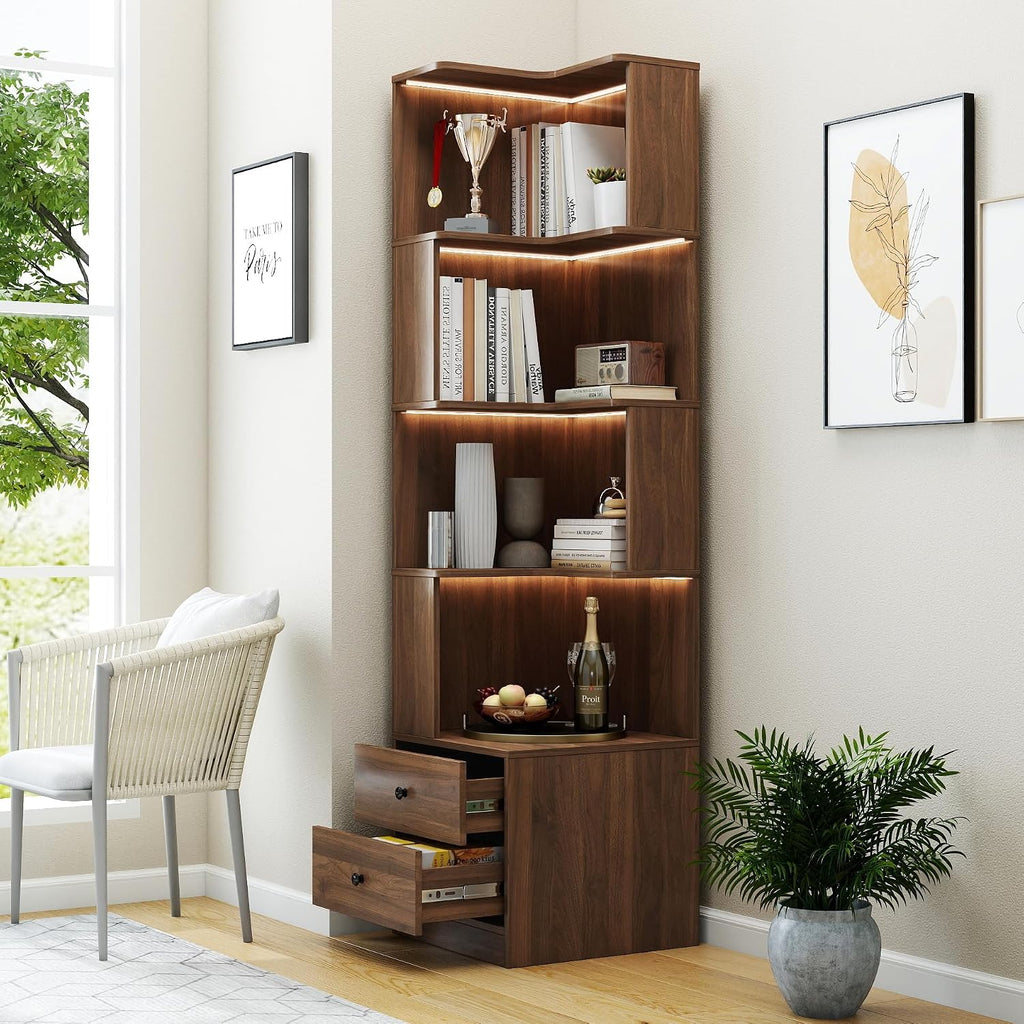 Corner Bookshelf with Drawers and LED Lights, 4-Tier Corner Bookcase with Baffle, Freestanding L-Shaped Display Shelf Stand for Home Office, Living Room, Walnut