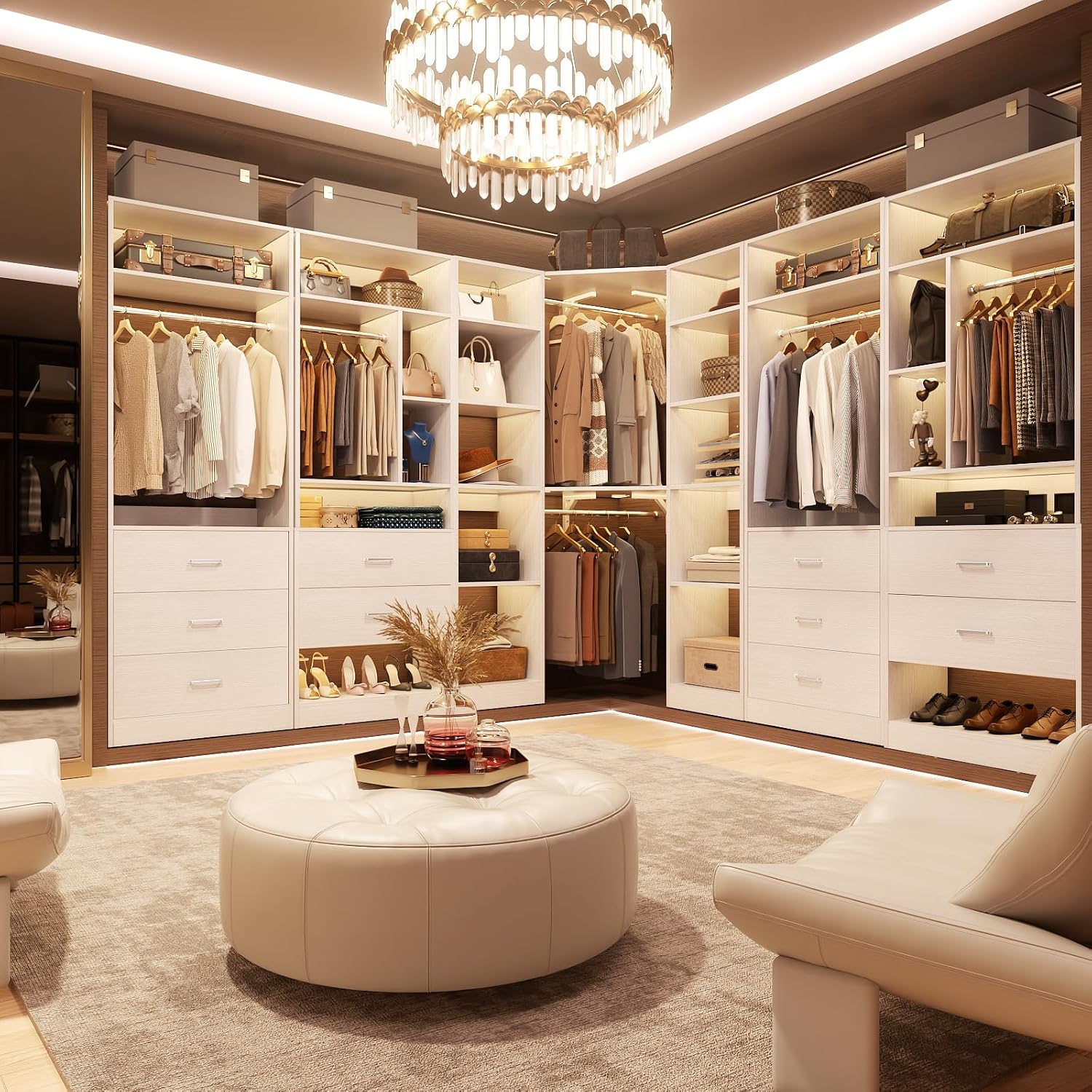 Besiost Corner Closet System with 12 Shelves, 39.2' Corner Closet Organizer System with 2 Hanging Rods, Versatile 6-Tier Walk-in Closets for Corner Space, White (39.2' L x 39.2' W x 80' H)