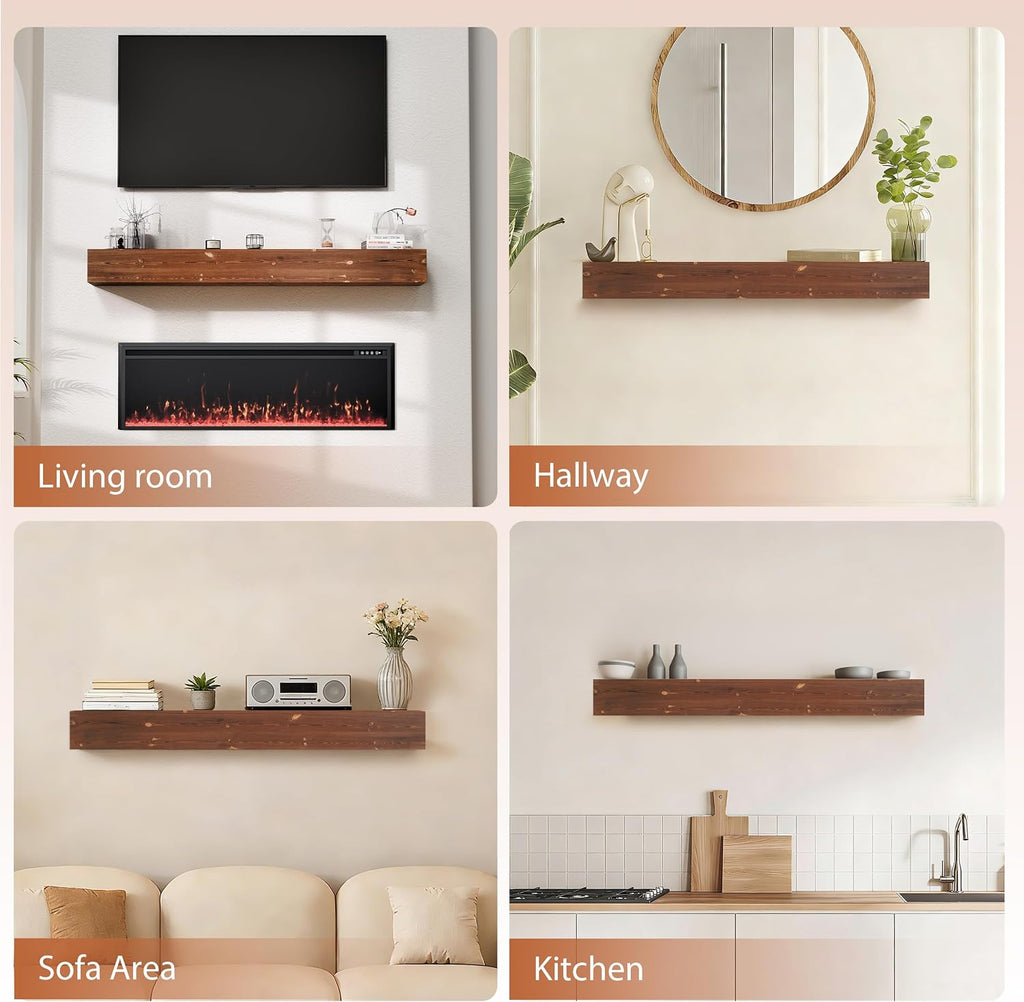 60 Inch Fireplace Mantel Shelf - 8' Deep Solid Wood Floating Mantel for Over Fireplace - 90LBS with Invisible Bracket - Handcrafted TV Decor for Livingroom & Bedroom - Rustic Brown