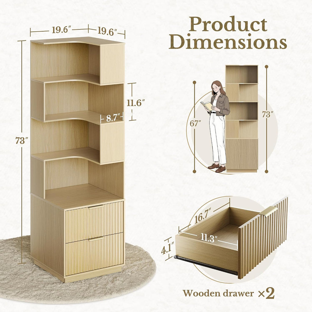 Corner Bookshelf with Drawers, 4 Tier Fluted Corner Bookcase with Storage, 71' Tall Bookcase with Storage Display Rack with Baffles for Home Office and Living Room, Light Walnut
