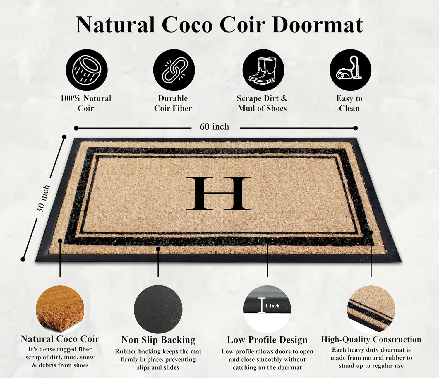 A1 Home Collections Natural Coir & Rubber Hand-Flocked Monogrammed Doormat - Heavy Duty Anti-Shedding Front Door Mat, Thick & Durable Entrance Mat - H, 30' x 60'