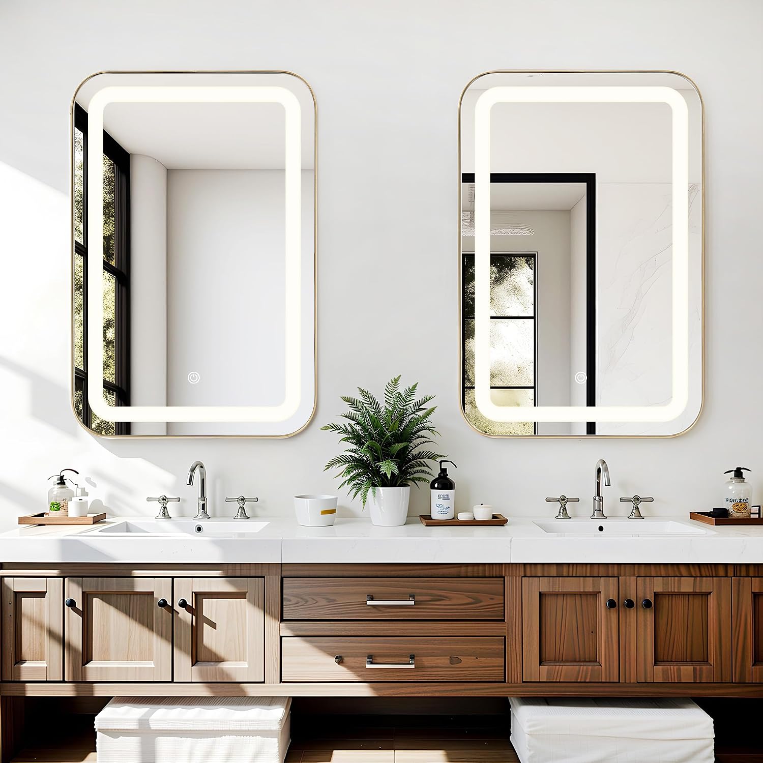 soges LED Medicine Cabinet Lighted Bathroom Mirror, Bathroom Vanity Mirror with 2 Storage Shelves, 24'x 16' Recessed Medicine Cabinet, Wall Mounted Deep Metal Framed Rounded Corner, Gold