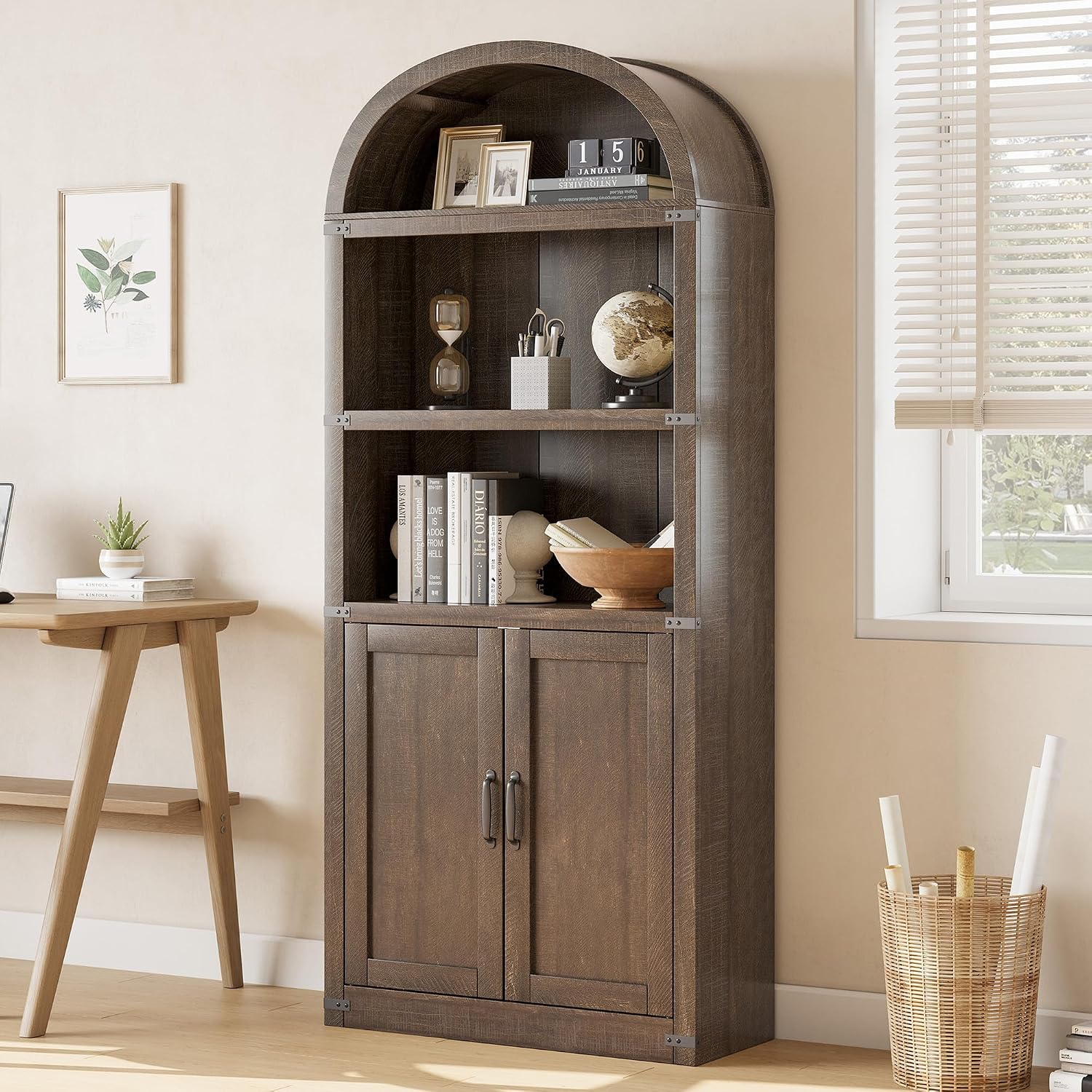 GarveeHome Bookcase with Doors Arched Bookshelf 71.65in Tall Bookcase Farmhouse Cabinet with Shelves Wooden Bookshelves for Home Office, Living Room (Reddish-Brown)