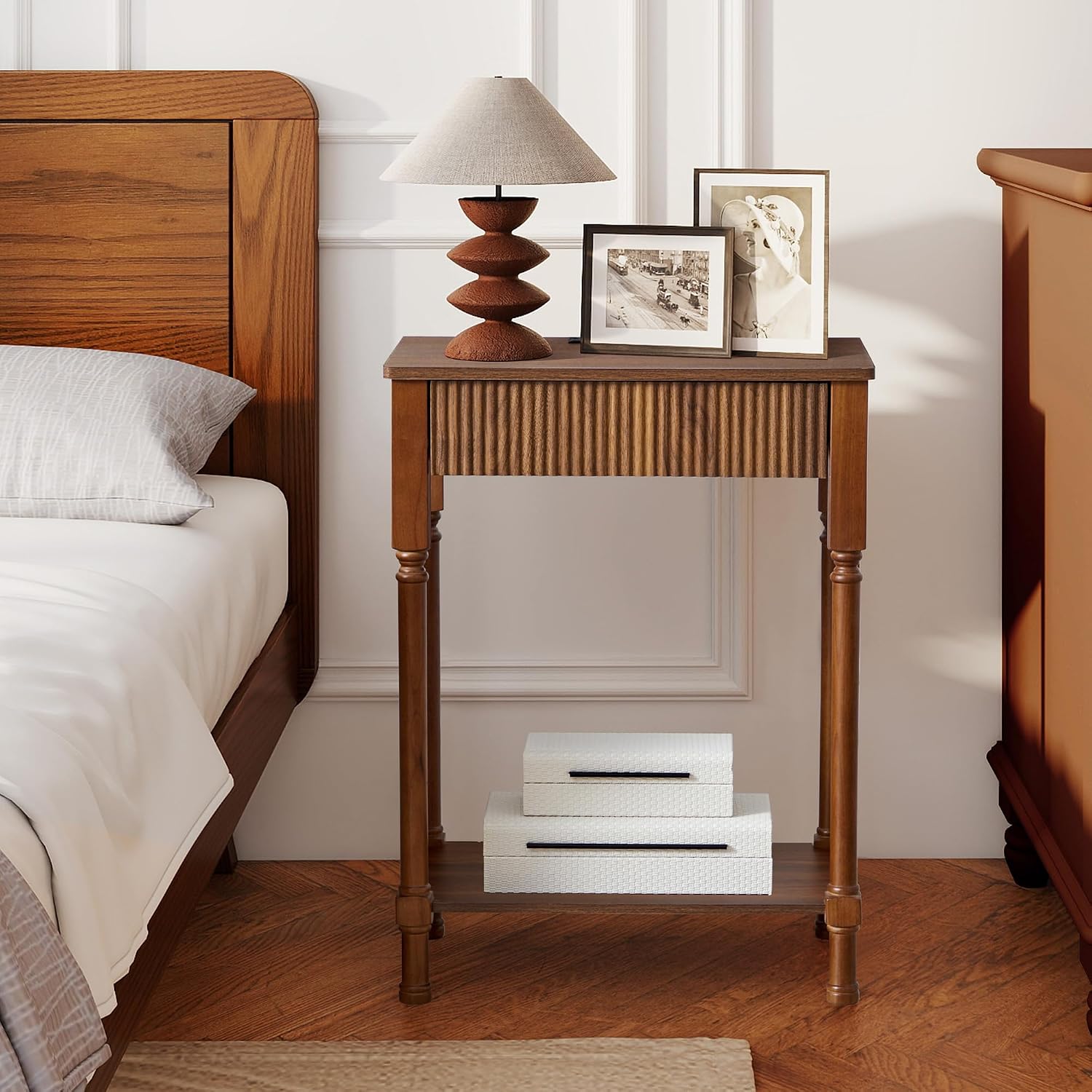 23.6' Large End Table with Charging Station, Set of 2, Modern Farmhouse Side Table with Drawer&Open Shelf, Fluted Wood Bedside Table Sofa Tables Night Stand for Bedroom Living Room Home Office,Walnut