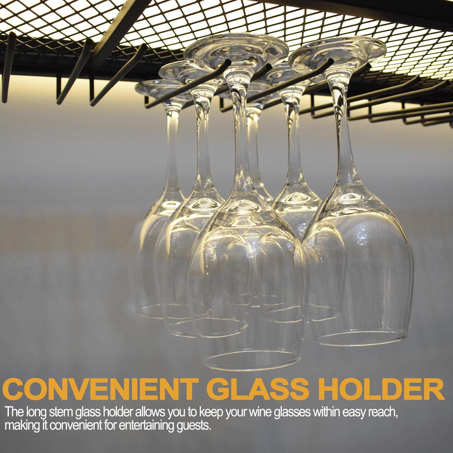 Large Heavy Duty 47in Wine Rack with LED Wall Mounted Bottle Glass Holder Under Shelf, 3-Tiers Liquor Floating Shelves Display Storage Organizer Hanging Long Stemware Goblet Metal for Home Bar
