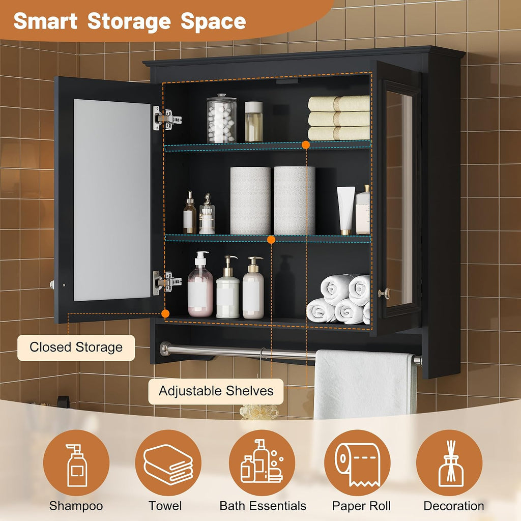 Merax 3-in-1 Bathroom Mirror Cabinet with Adjustable Shelves, Soft Close Doors & Towel Bar, 30' Wall Mounted Medicine Cabinet with High-Definition Mirror, Versatile Storage for Vanity, Bedroom, Black