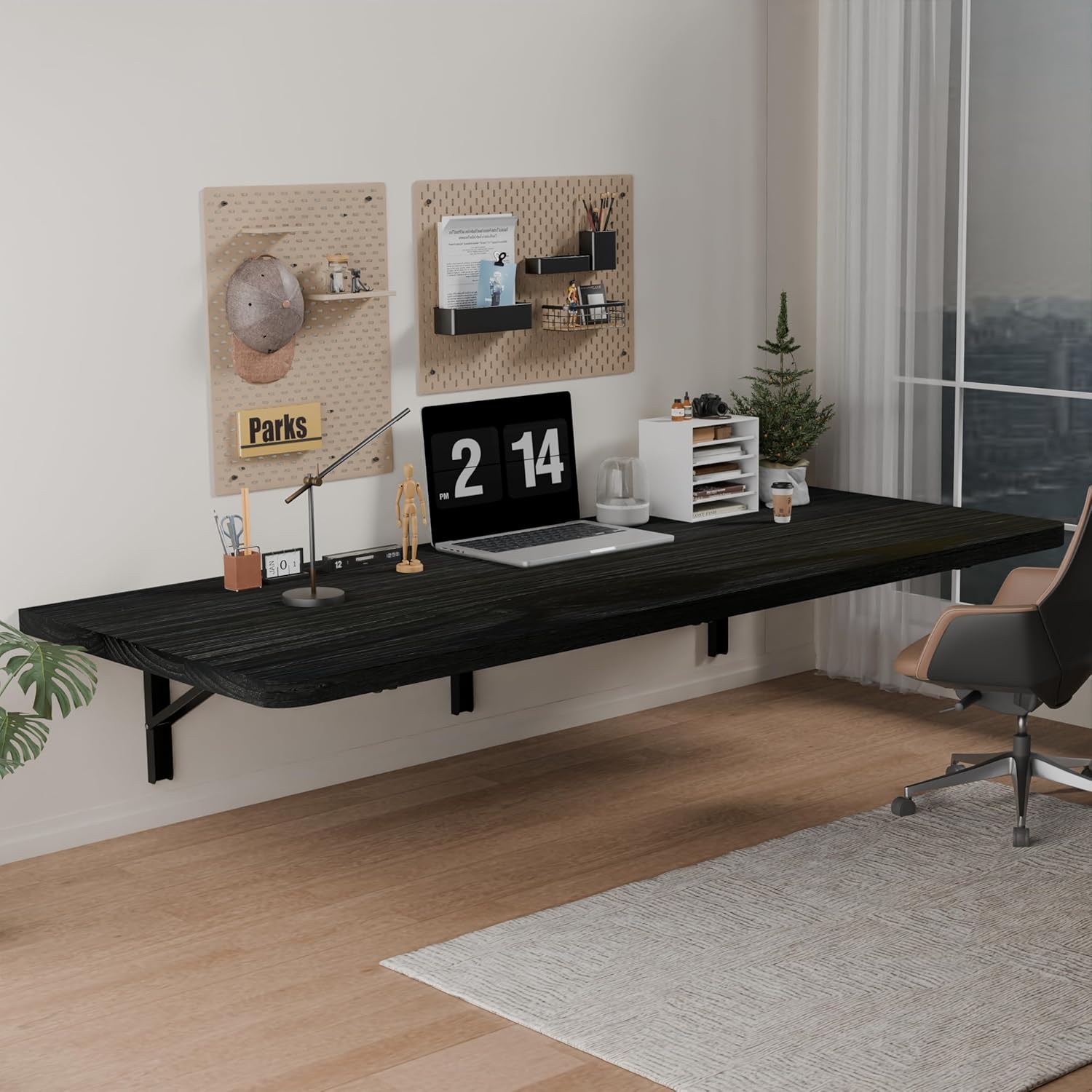 IAE Floating Wall Mounted Folding Table Desk with Pine Wood,55' x 22' Folding Workbench,Fold Down wall Mounted Foldable Table with Shelf Brackets,Laundry Folding Table for Apartment,Home,Kitchen,Black