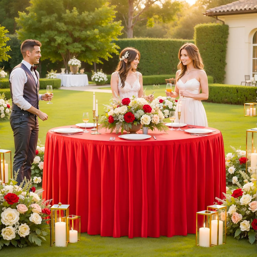 6 Pack Red Round Tablecloth 60 inch Stretch Spandex Fitted Table Cloth 5FT Round Banquet Tablecloths Wrinkle Free Table Cover Stitch Circle Tablecloth with Ruffle Skirt for Party Wedding Birthday