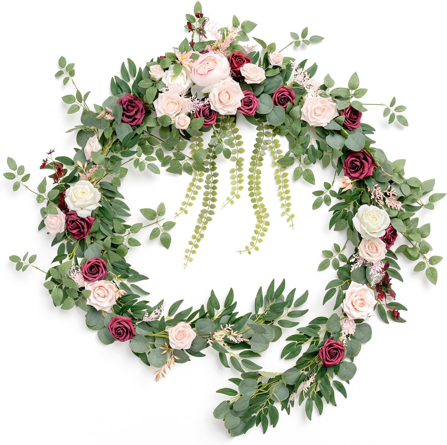 Ling's moment 9FT Spring Flower Garland - Wedding Arch Flowers, Eucalyptus & Rose, Artificial Floral Garland for Mantle - Sweetheart Table Decor for Reception, Backdrop Decorations, Marsala