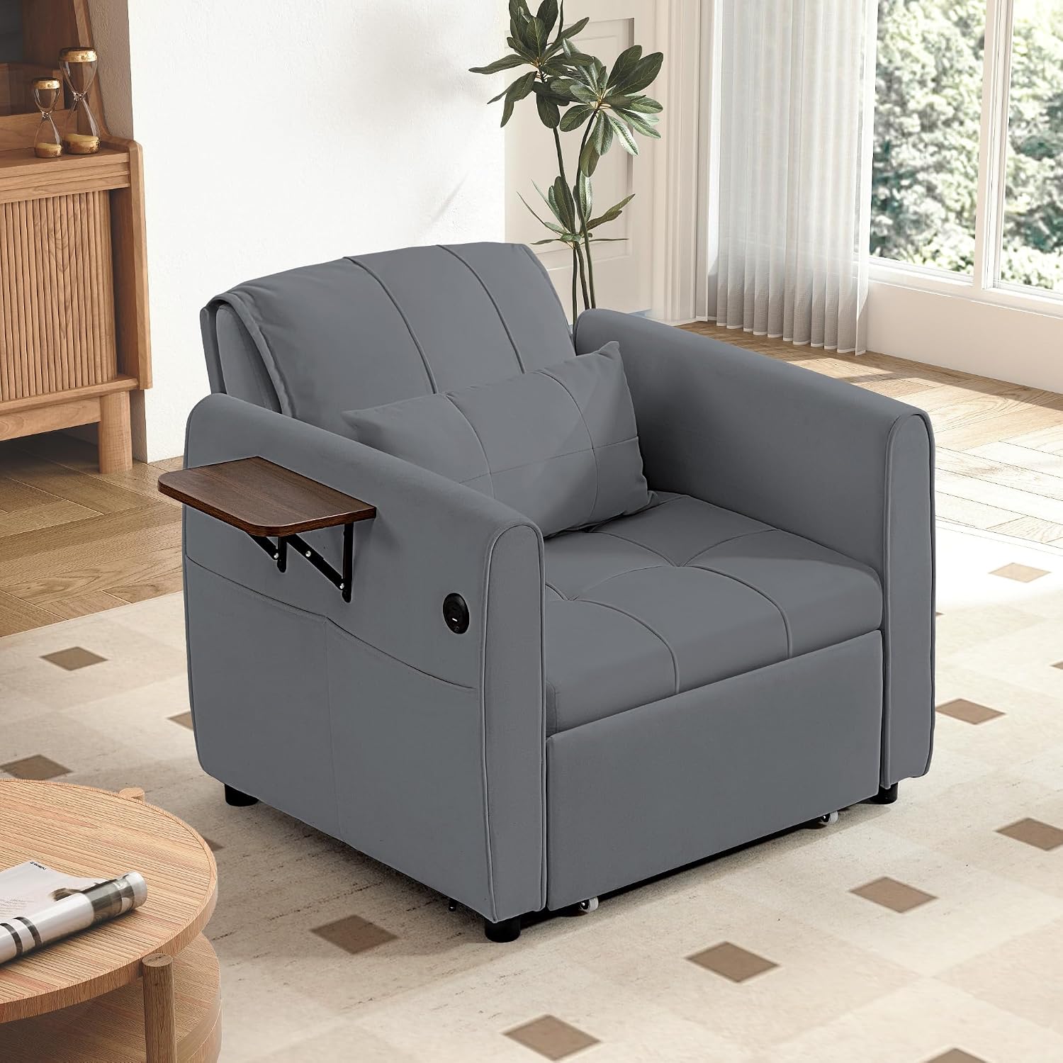 Suvivityse 90' Convertible Sleeper Chair Bed, 4 in 1 Pull Out Single Sofa Bed, Adjustable Backrest Recliner with USB Port, Storage Basket, Folding Side Table, for Living Room Apartment Small Place