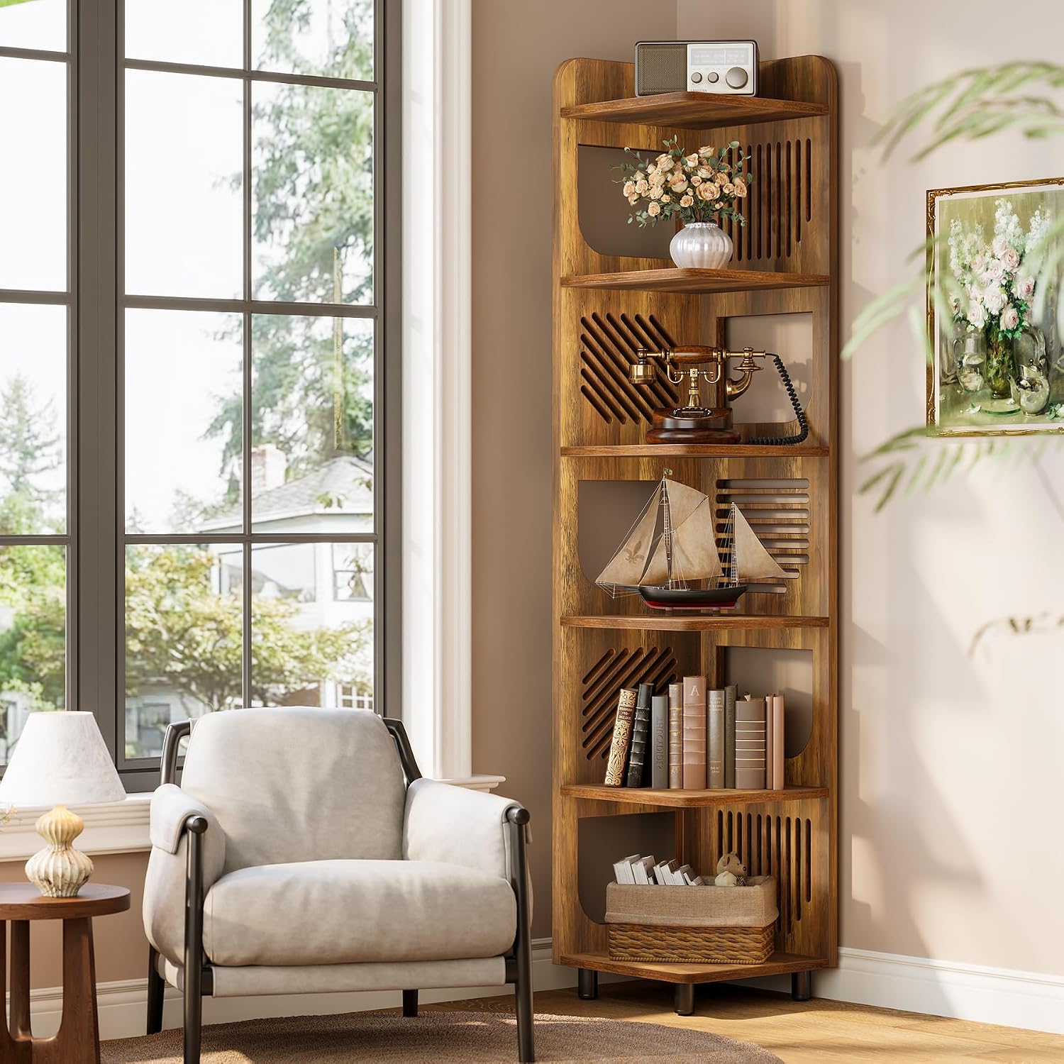 Tribesigns 6-Tier Corner Bookshelf, Tall Narrow Corner Shelf Bookcase with Hollow Design, Farmhouse Skinny Display Shelf for Living Room, Bedroom, Small Space, Yellow
