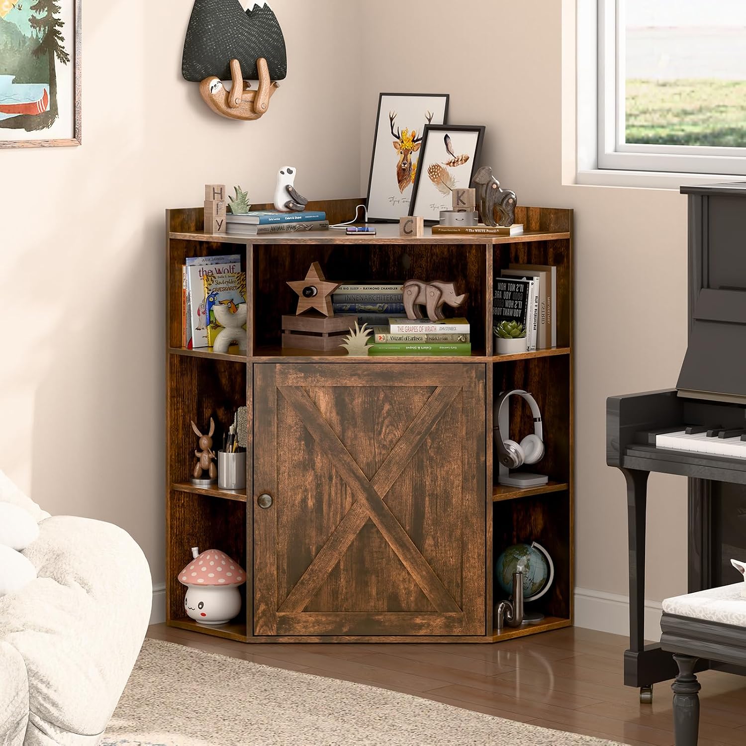 Halitaa Corner Storage Cabinet, Farmhouse Corner Bookshelf with Storage 6-Cubby Wooden Cabinet with USB Ports and Outlets Industrial Organizer for Small Space, Study, Playroom, Living Room