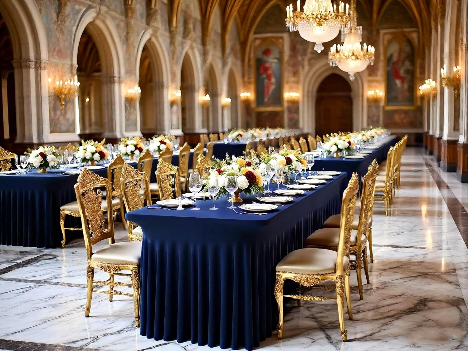fani 6 Packs Navy Blue Stretch Table Skirts for 8 Foot Rectangle Table, Washable Spandex Stretch Tablecloths with Skirt, Wrinkle Resistant Fitted Tablecover for Wedding Party Banquet