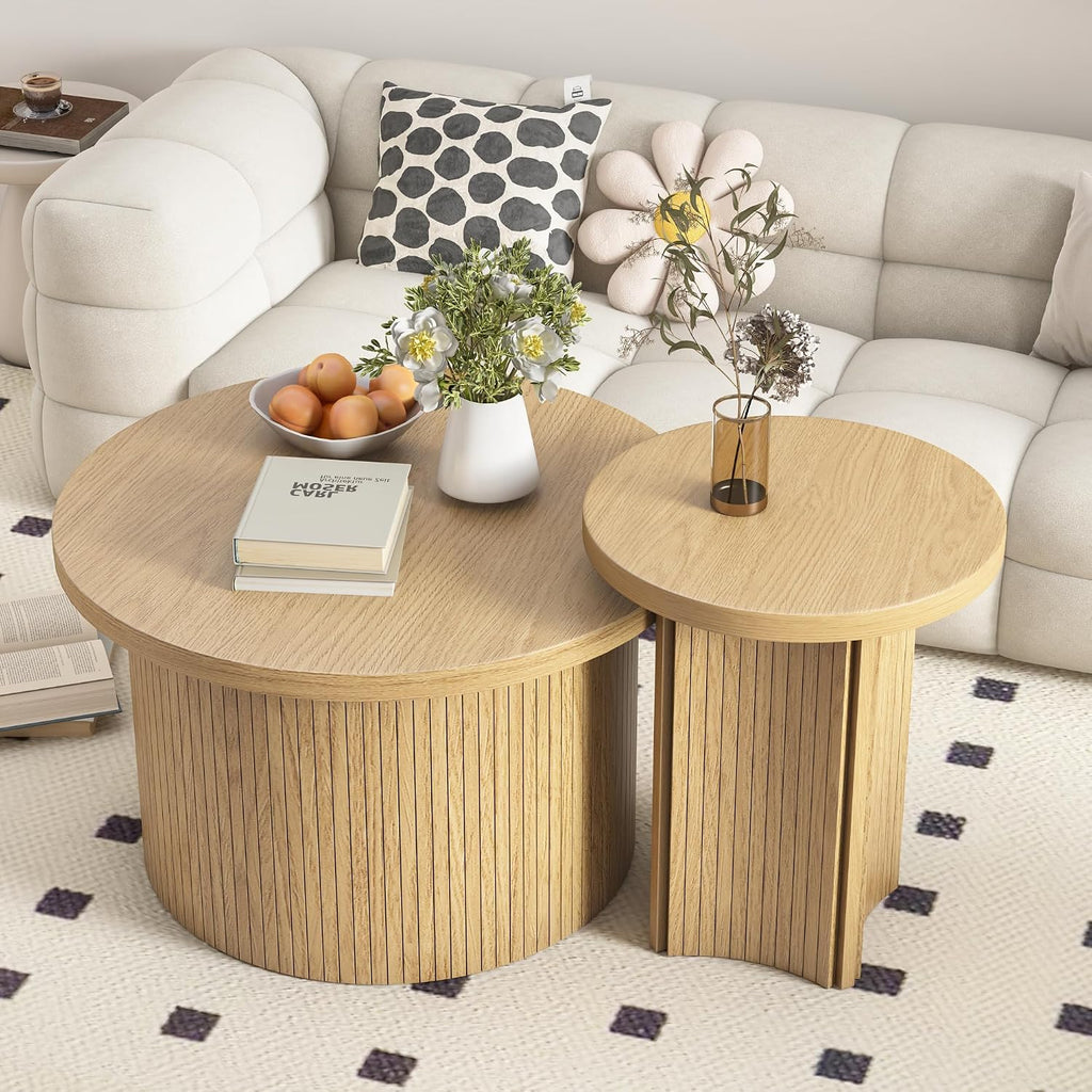 Mxtxmy Round Nesting Coffee Table Set of 2,Coffee Tables for Living Room,Round Coffee Tables with Wood Finish,Stackable Coffee Table Set,Rustic Sofa Side Table,Living Room Bedroom (Large Size)