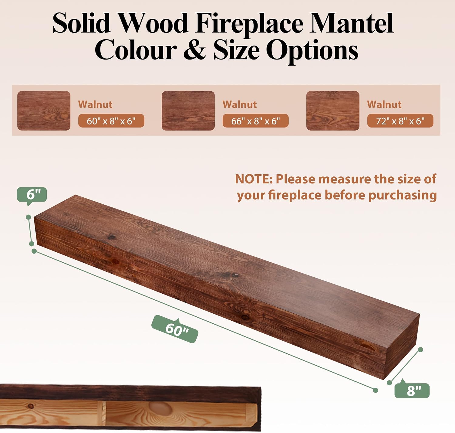 60 Inch Fireplace Mantel Shelf - 8' Deep Solid Wood Floating Mantel for Over Fireplace - 90LBS with Invisible Bracket - Handcrafted TV Decor for Livingroom & Bedroom - Rustic Walnut
