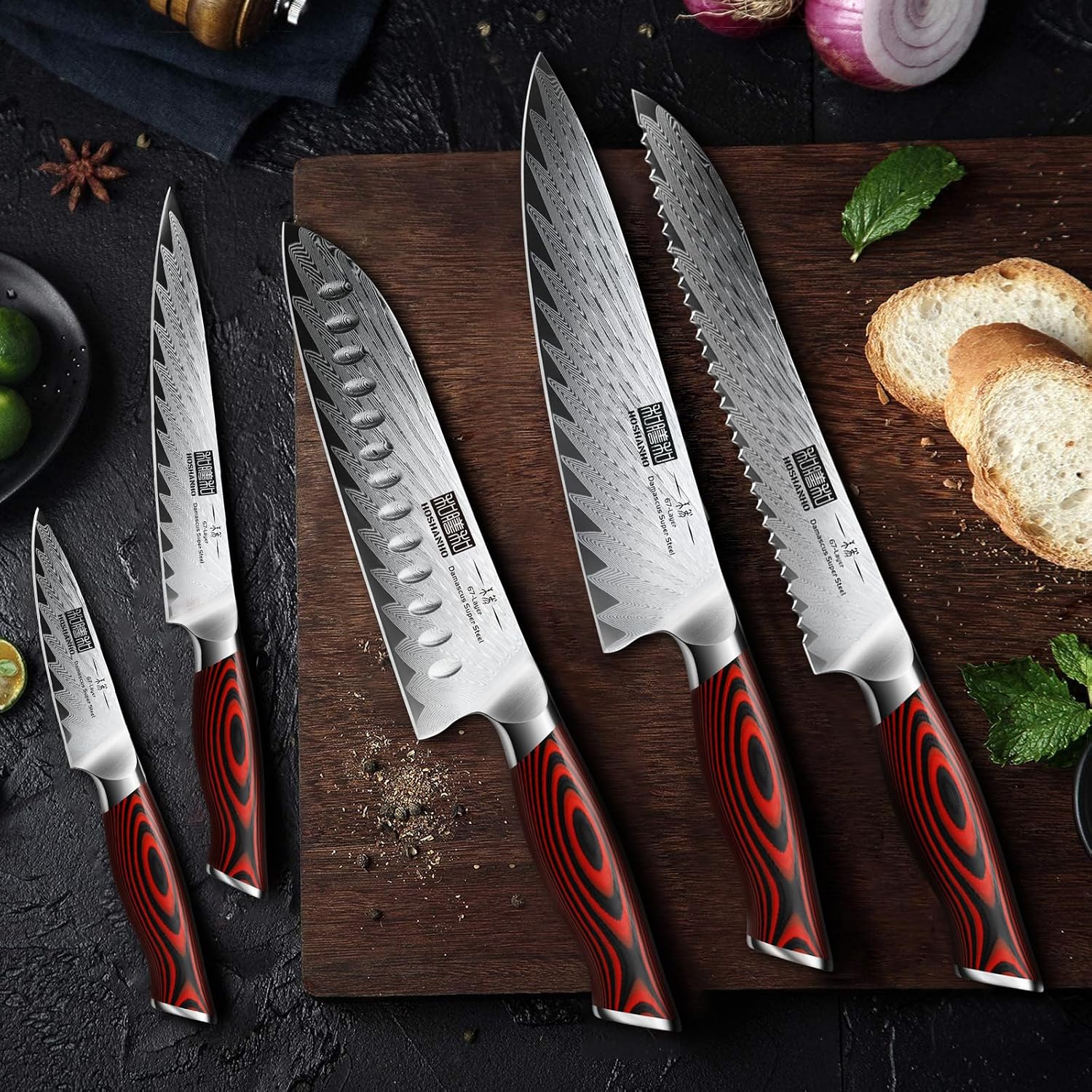 HOSHANHO Kitchen Knife Set with Block, 7 Pieces Chef Knife Set 67 Layers Damascus Steel Professional Knife Set for Cooking, Ergonomic G10 Handles with Sharpener
