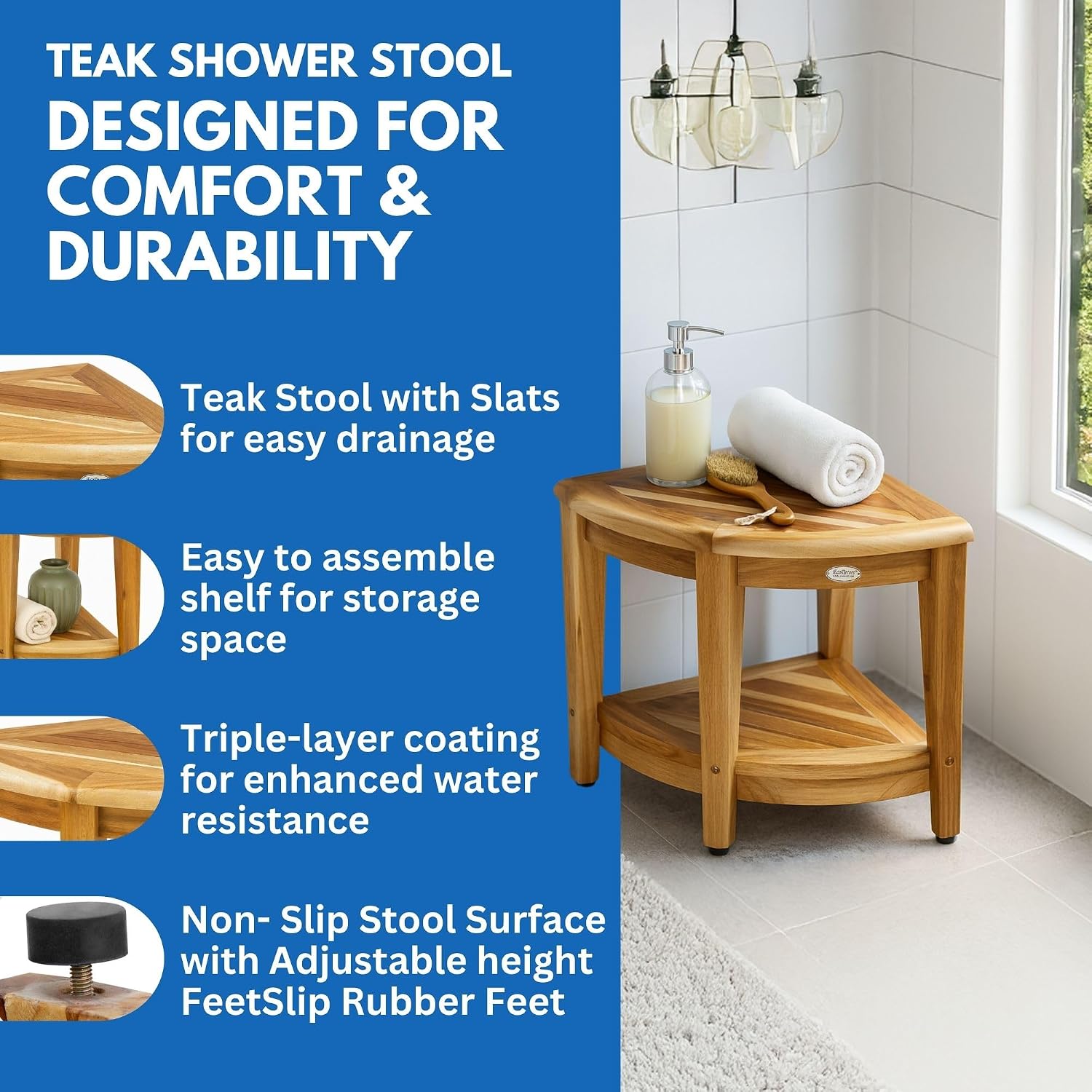 EcoDecors Corner Teak Shower Bench with Shelf – 16' x 18' Height- Teak Shower Stool with Shelf, Waterproof, 350lb Capacity Non-Slip | for Inside Shower | Tool-Free Assembly | Aging in Place