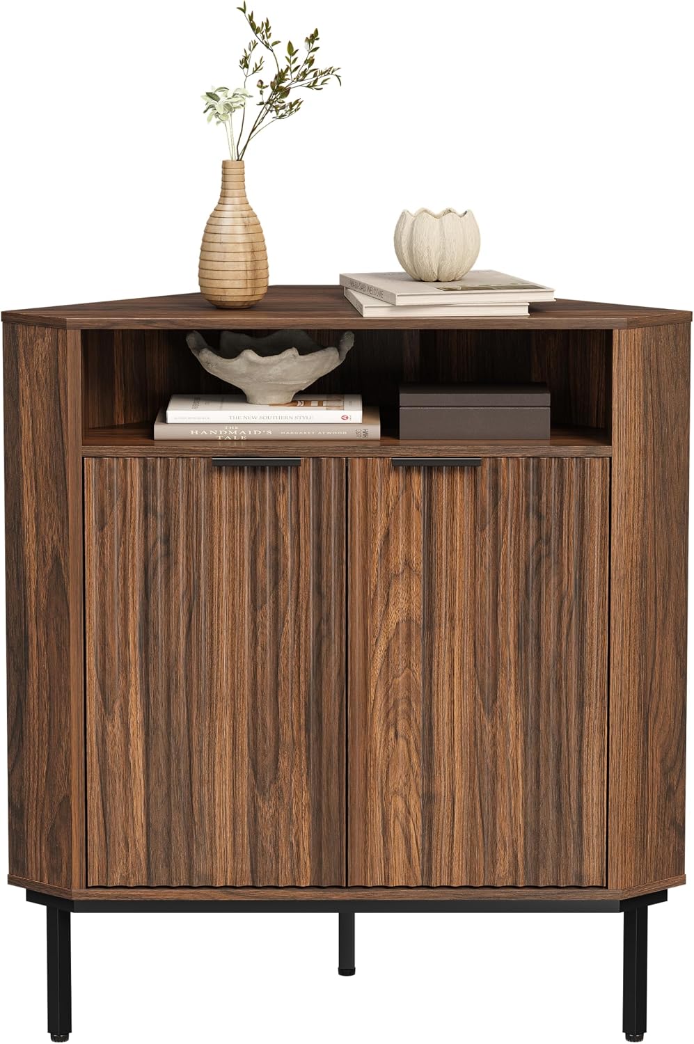 EYYTHUNG Fluted Corner Cabinet with Open Storage, Modern Small Corner Floor Cabinet with 2 Doors & Adjustable Shelf, Wooden Narrow Storage Organizer for Small Space,Living Room, Dining Room, Brown