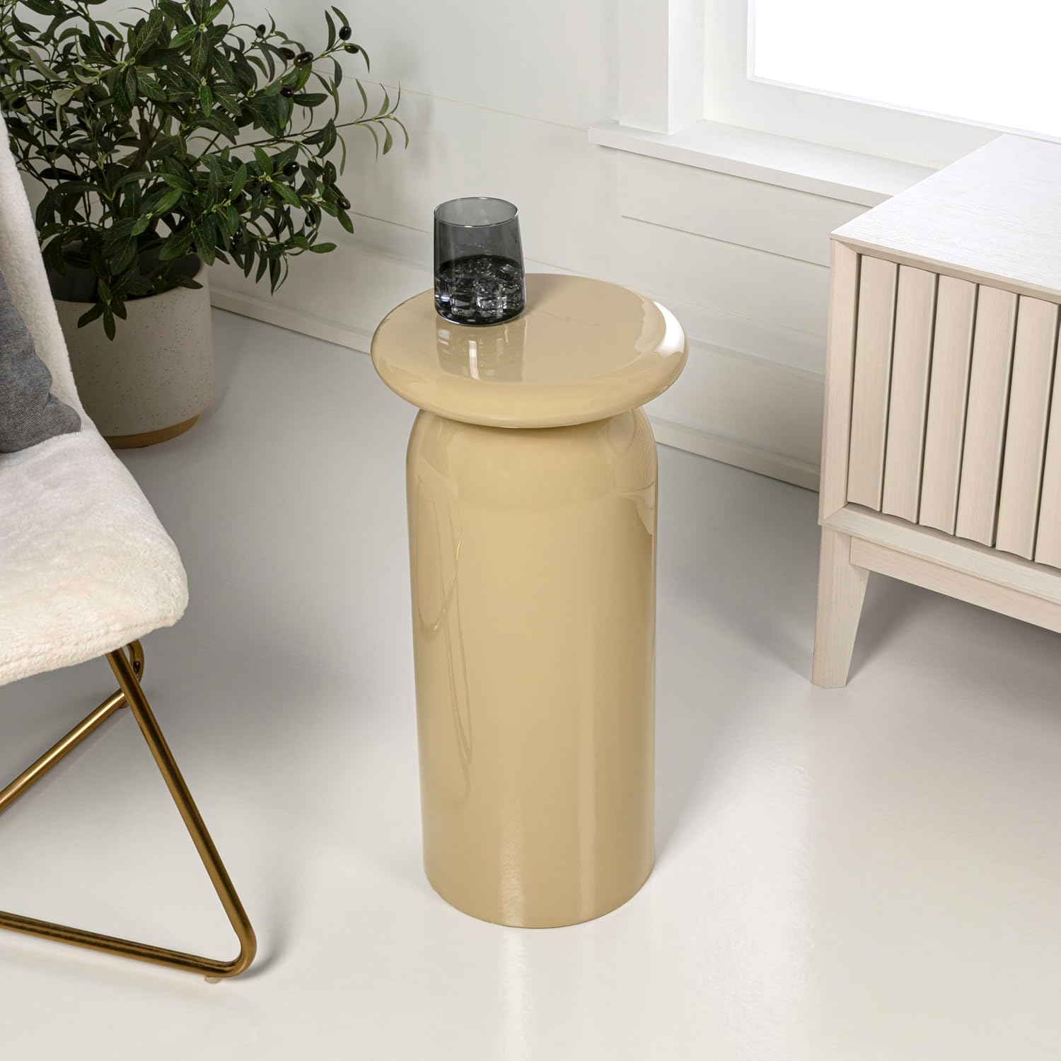 JONATHAN Y END1008C Miles 22.75' Mid-Century Modern Metal Sleek Cylinder Drink Table and Decorative End Table for Living Room, Bedroom, Office, Bathroom, Almond