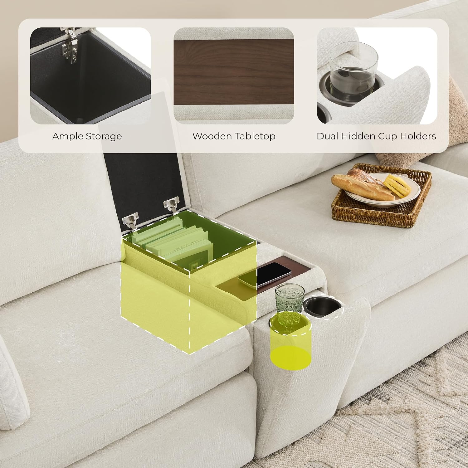 CHITA Versatile Storage Console for Modular Sofa, Multifunctional Side Table with Dual Cup Holders, Table, No Need Assembly, Linen