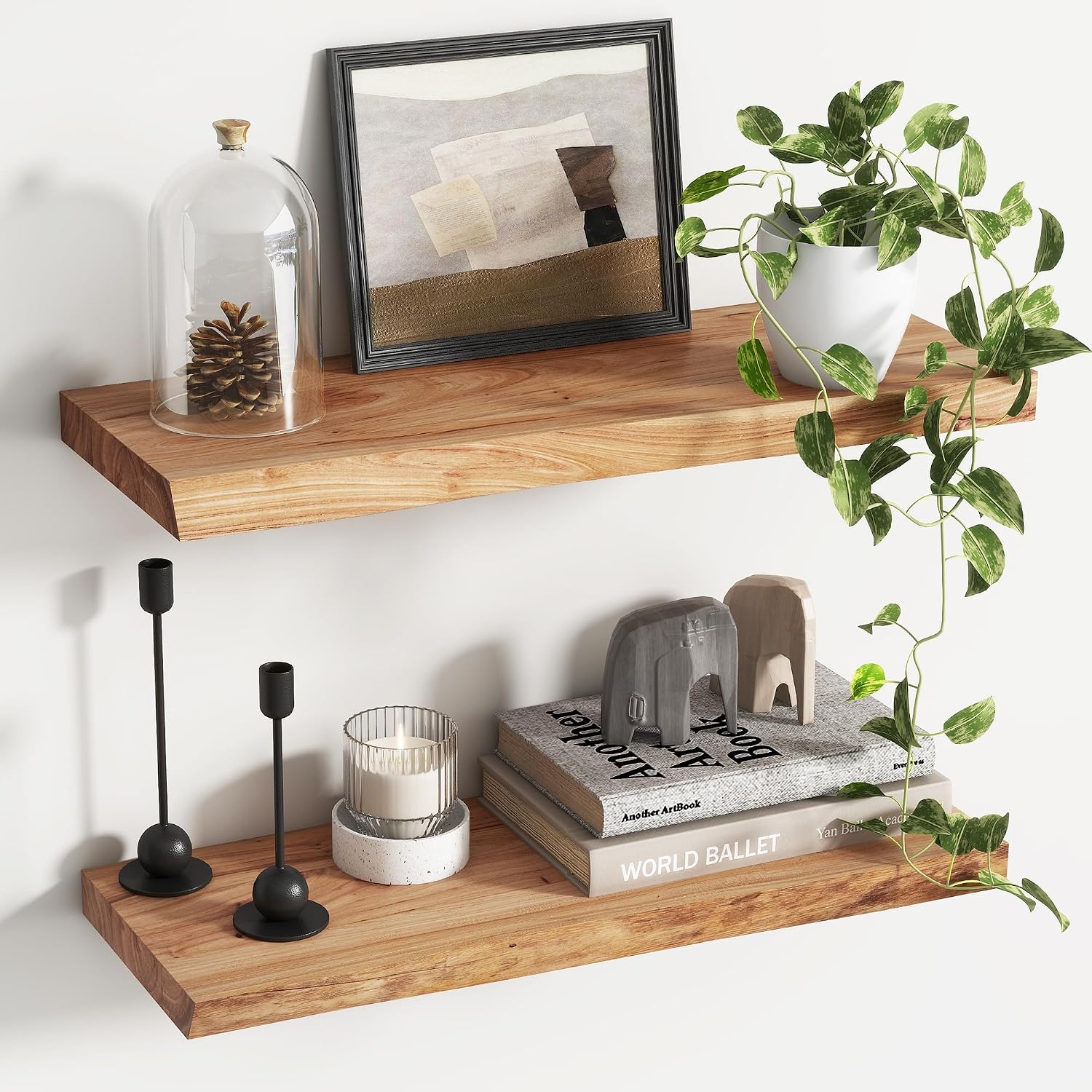 24'x9.2' Elm Floating Shelves for Wall, Live Edge, Natural, 2-Pack | 1.4' Thick Reclaimed Wood Shelves with Invisible Bracket for Living Room, Bedroom, Kitchen & Bathroom Storage