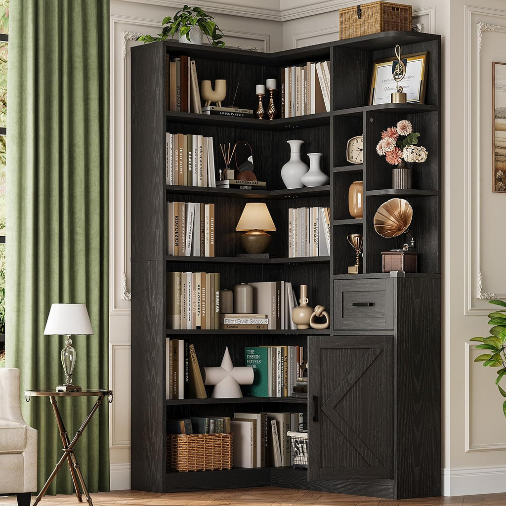 Garvee 74'' Tall Corner Bookshelf - 6-Tier Book Shelf with Drawer and Cabinets, l-Shaped Bookcase Open Storage Shelves Modern Display Shelf for Home, Office
