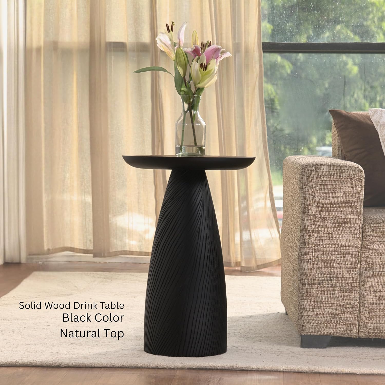 Modern Black & Walnut Wood Accent Table – Handcrafted Drum Pedestal Side Table for Living Room, Bedroom, or Office – Sleek Round Top with Textured Carved Base Black