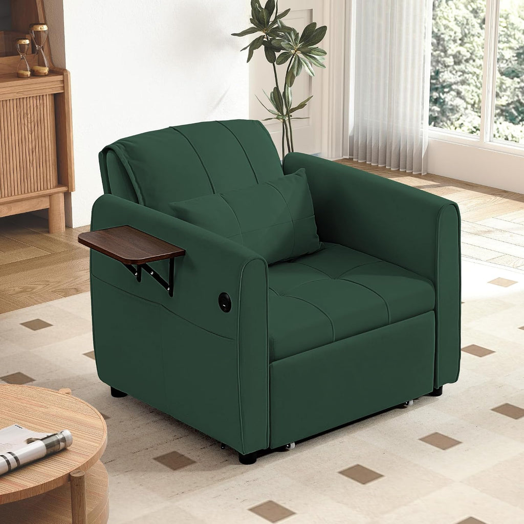 Suvivityse 90' Convertible Sleeper Chair Bed, 4 in 1 Pull Out Single Sofa Bed, Adjustable Backrest Recliner with USB Port, Storage Basket, Folding Side Table, for Living Room Apartment Small Place