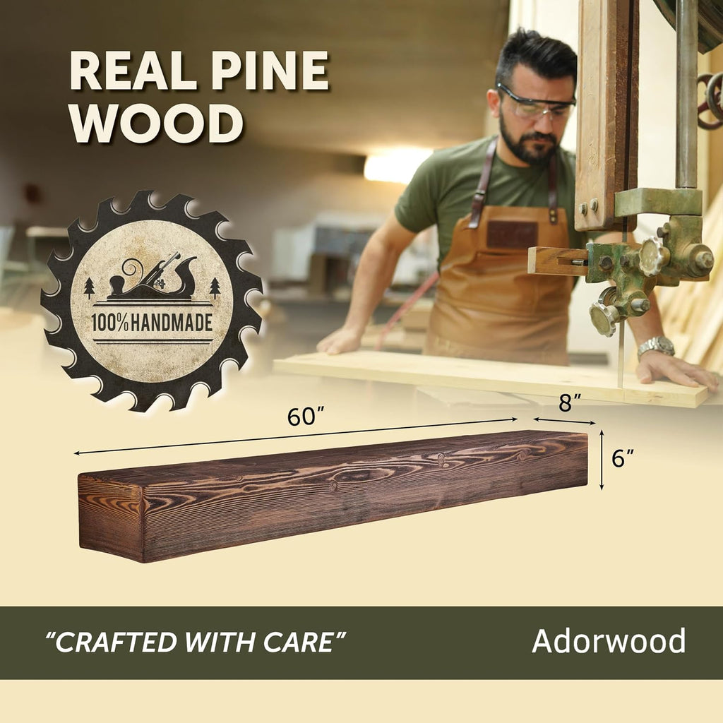 Handmade Fireplace Mantel Shelf, Extra Wide Rustic Wood Mantles for Over Fireplace, Wall Mounted Floating Mantel Shelves for Living Room Decor (Light Walnut, 60 inches)