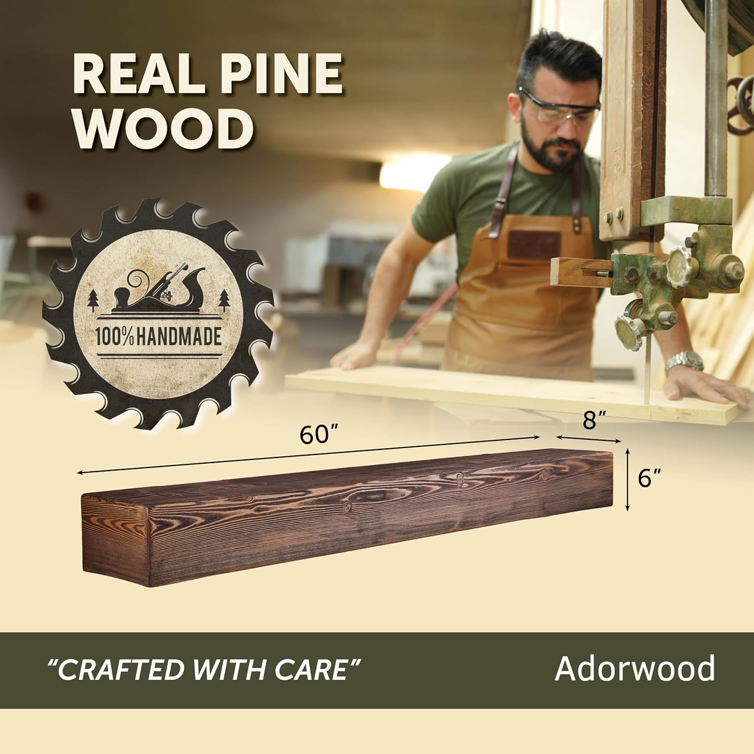 Handmade Fireplace Mantel Shelf, Extra Wide Rustic Wood Mantles for Over Fireplace, Wall Mounted Floating Mantel Shelves for Living Room Decor (Light Walnut, 60 inches)
