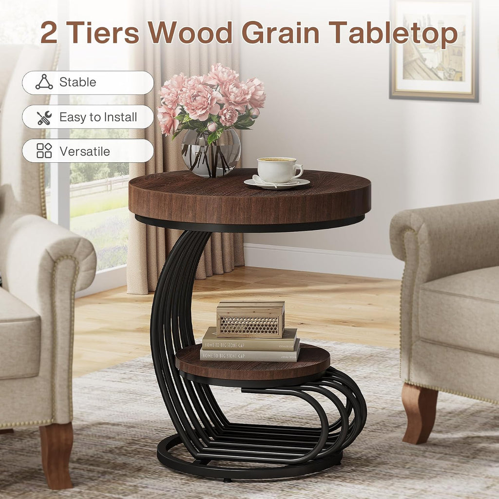 Tribesigns Round End Table Set of 2, 2-Tier Farmhose Wood Side Table with Shelf Storage, Small Sofa Side Bedside Nightstand, Accent Furniture for Living Room, Rustic Brown