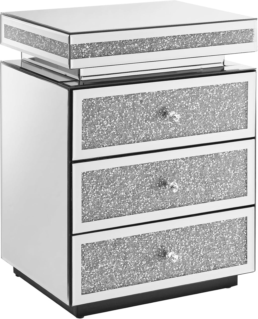 Mirrored Nightstand with 3 Drawers, Silver Nightstand with Crystal Inlay, Mirror End Table, Modern Bedside Table, Glass Table for Bedroom