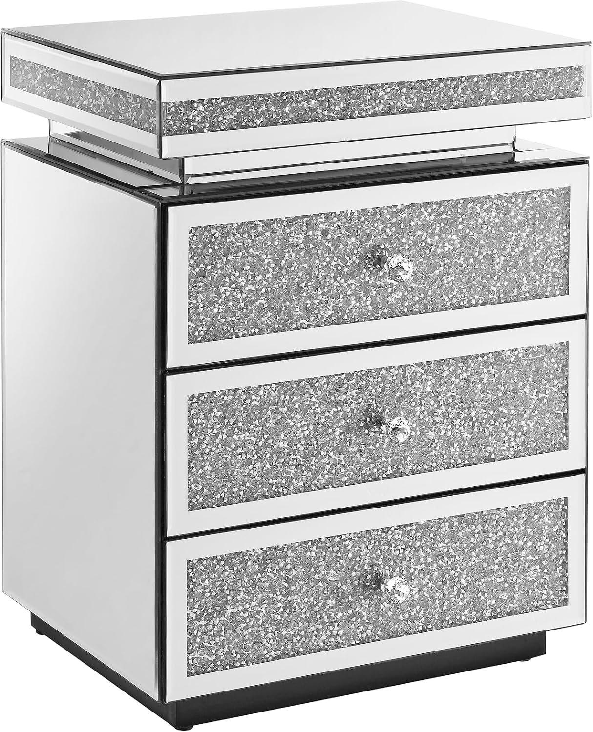 Mirrored Nightstand with 3 Drawers, Silver Nightstand with Crystal Inlay, Mirror End Table, Modern Bedside Table, Glass Table for Bedroom