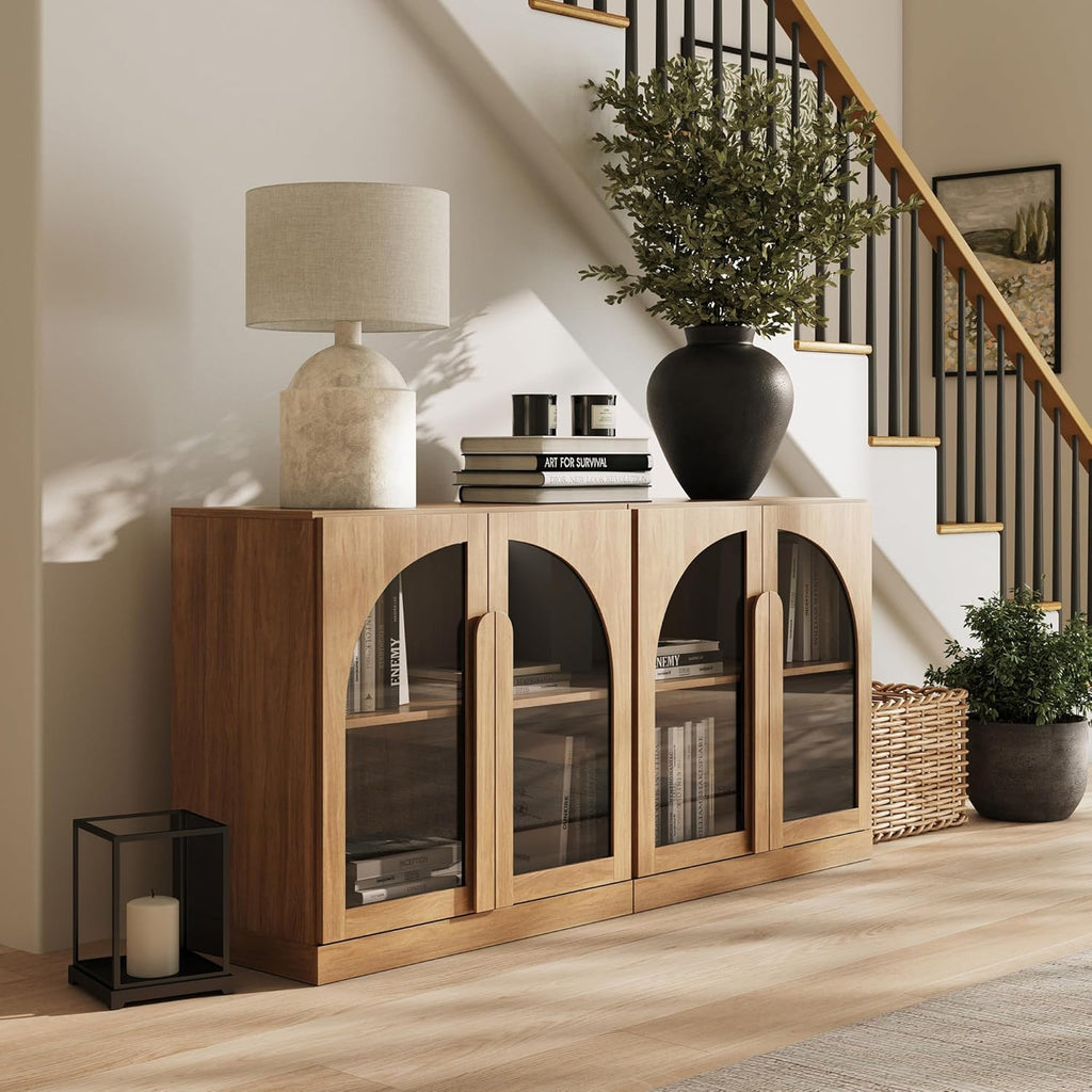 BELLEZE Set of 2 Modern Sideboard Buffet Cabinets (63' Wide) - Large Kitchen Credenza with 4 Arched Glass Doors - Seamless Storage Console Table for Dining Room, Living Room & TV Stand - Camel