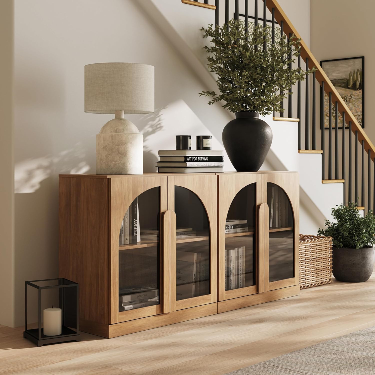 BELLEZE Set of 2 Modern Sideboard Buffet Cabinets (63' Wide) - Large Kitchen Credenza with 4 Arched Glass Doors - Seamless Storage Console Table for Dining Room, Living Room & TV Stand - Camel