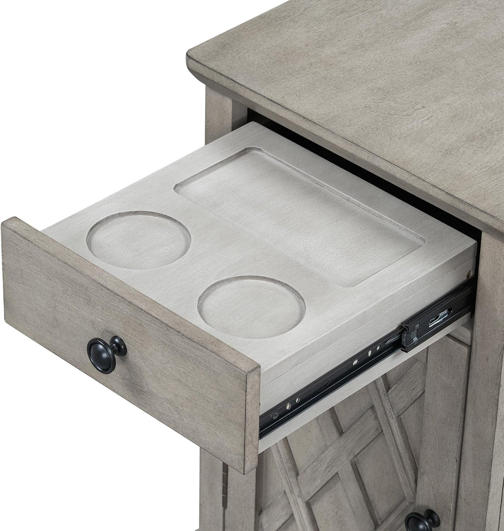 Multifunctional Classic Vintage End Table with USB Ports and 1 Drawer with Cup Holders, Sofa Side Narrow Table with Storage, Bedside Nightstand for Living Room Bedroom (Antique Gray-4.3)