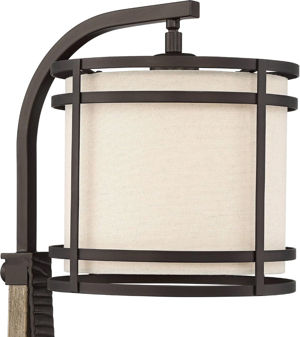 Franklin Iron Works Gentry Industrial Desk Table Lamp 22' High with USB and AC Power Outlet in Base Oil Rubbed Bronze Faux Wood Metal Cage Oatmeal Drum Shade for Cottage Core Bedroom Desk