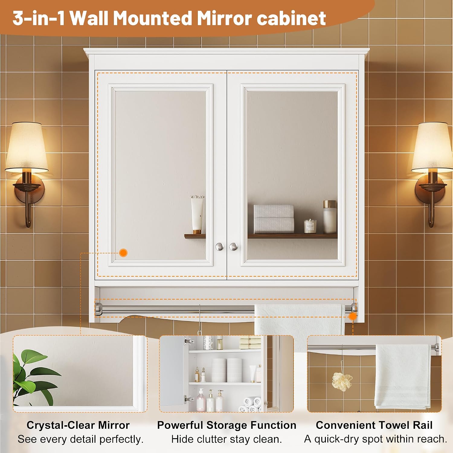 Merax 3-in-1 Bathroom Mirror Cabinet with Adjustable Shelves, Soft Close Doors & Towel Bar, 30' Wall Mounted Medicine Cabinet with High-Definition Mirror, Versatile Storage for Vanity, Bedroom, White